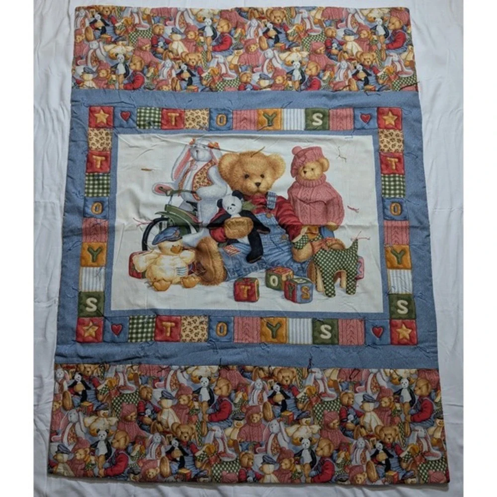 Handmade Teddy Bear Baby Quilt 57x43 Blue Jean Teddy‎ Toys Nursery Blanket